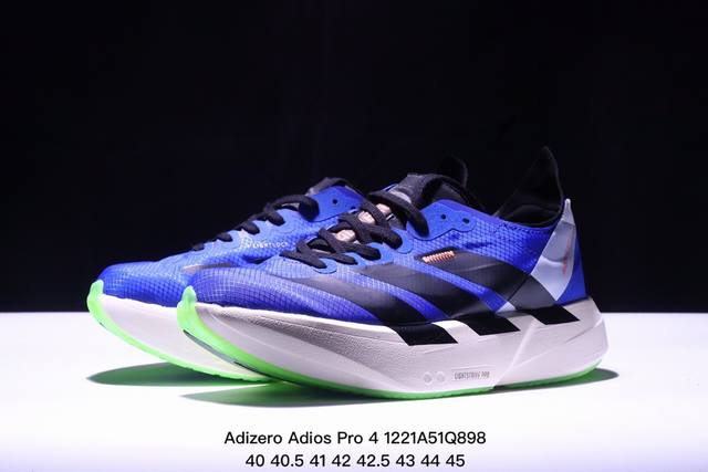 集合图 公司级adidas Adizero Adios Pro 4马拉松飞线贾卡轻质透气休闲运动跑步鞋 采用双层透气网纱 Flywire动态飞线绑缚鞋面材质 内