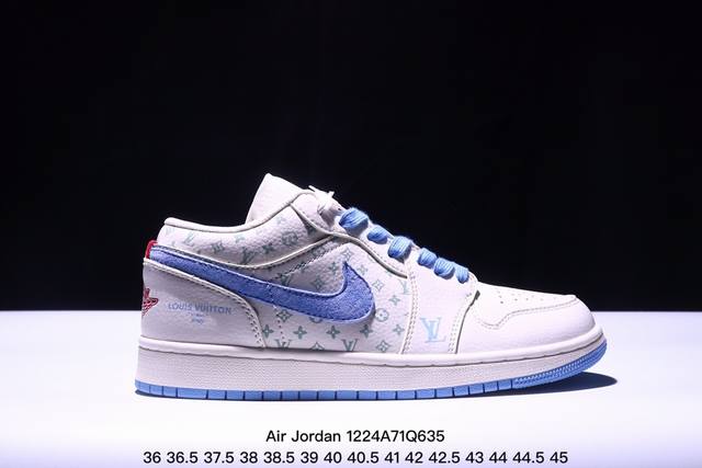 海外爆款限量发售！公司级 Nike Jordan Air Jordan 1“Lv联名 米蓝印花” 高端定制 低帮 复古 减震 防滑 耐磨 篮球鞋 定制鞋盒 大厂