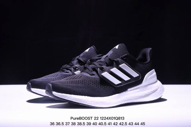 集合图 公司级阿迪达斯adidas Pureboost 22爆米花缓震中底跑步鞋。鞋面以织编材质为基底，后及跟脚趾处融全入新设计，通过格网印刷支将撑材料于附鞋面