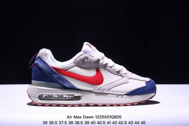 真标耐克nk Air Max Dawn 黎明系列低帮气垫百搭休闲运动慢跑鞋 采用柔软翻毛皮和透气梭织材料打造利落鞋面 中底和鞋跟融入现代感线条设计 兼具复古风格