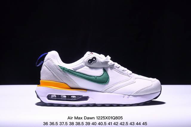 真标耐克nk Air Max Dawn 黎明系列低帮气垫百搭休闲运动慢跑鞋 采用柔软翻毛皮和透气梭织材料打造利落鞋面 中底和鞋跟融入现代感线条设计 兼具复古风格