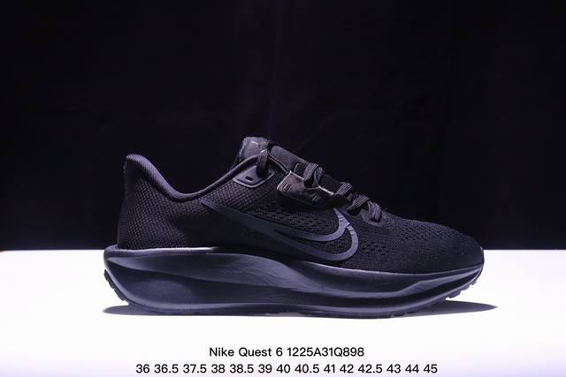 公司级nike Quest 6极速6代网面透气 时尚休闲跑步鞋 简约高科技设计采用多层材料，为双足带来凉爽感受和稳固体验时尚鞋面搭配中足包覆设计，提供稳固贴合感