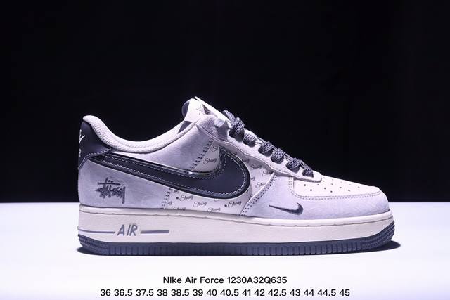 海外限量发售！公司级nike Air Force 1 '07 Low “斯图西联名--灰勾英文”空军一号 低帮 运动鞋 休闲鞋 折边针车 工艺难度大 原楦头原纸