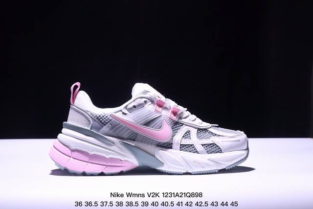 真标耐克nike Wmns V2K Runtekk Low”White Grey Pink”复古潮系列未来复古老爹风百搭休闲运动慢跑鞋 货号:Fn0738-10