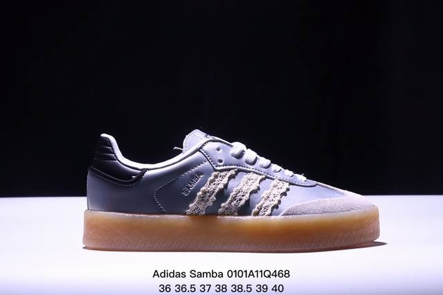 Adidas 阿迪达斯 男女鞋真标半码制，原楦原纸版开发，采用硬质荔枝纹牛剖革组合翻毛皮鞋面材质，内环保eva鞋垫，外置加厚耐磨橡胶大底延续og经典设计风格，重