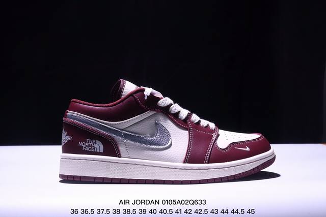 限量发售！ Air Jordan 1 Low Aj1乔1低帮休闲板鞋， “酒红米白配色-北面联名定制款” 个性的设计风格以及品牌的经典元素 使其成为一双具有独特