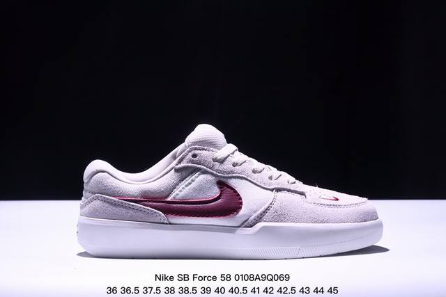 耐克nike Sb Force 58 运动滑板鞋。这是一款将前沿创新带入街头的单品，它具有硫化杯底，具有出色的耐用性和灵活性。使用柔软皮革和帆布拼接，在饰面上放