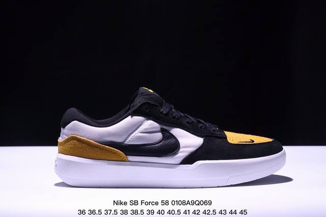 耐克nike Sb Force 58 运动滑板鞋。这是一款将前沿创新带入街头的单品，它具有硫化杯底，具有出色的耐用性和灵活性。使用柔软皮革和帆布拼接，在饰面上放