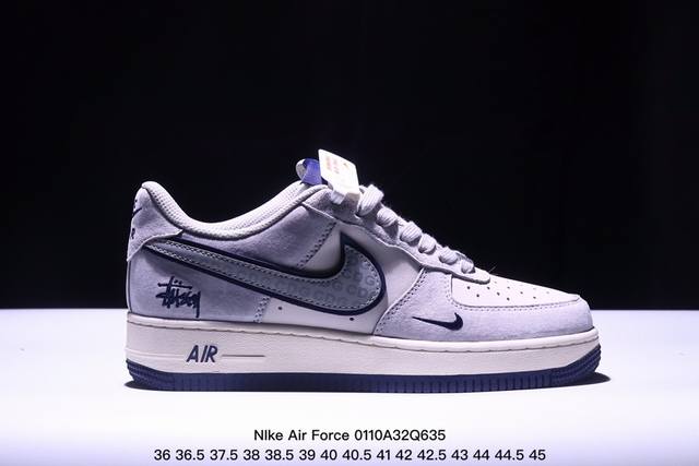 海外限量发售！公司级nike Air Force 1 '07 Low “斯图西联名--黑灰双勾”空军一号 低帮 运动鞋 休闲鞋 折边针车 工艺难度大 原楦头原纸