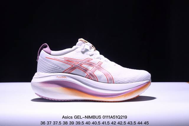 Asics 亚瑟士gel-Nimbus 27 稳定跑鞋鞋面采用双层提花网面设计，提高包裹性和透气性，后跟搭载稳定系统科技t-Gel提升整体支撑力和结构感，减少对