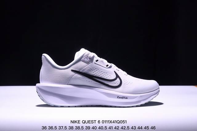 公司级nike Quest 6 全新跑鞋 网面透气 时尚休闲跑步鞋 简约高科技设计采用多层材料，为双足带来凉爽感受和稳固体验时尚鞋面搭配中足包覆设计，提供稳固贴